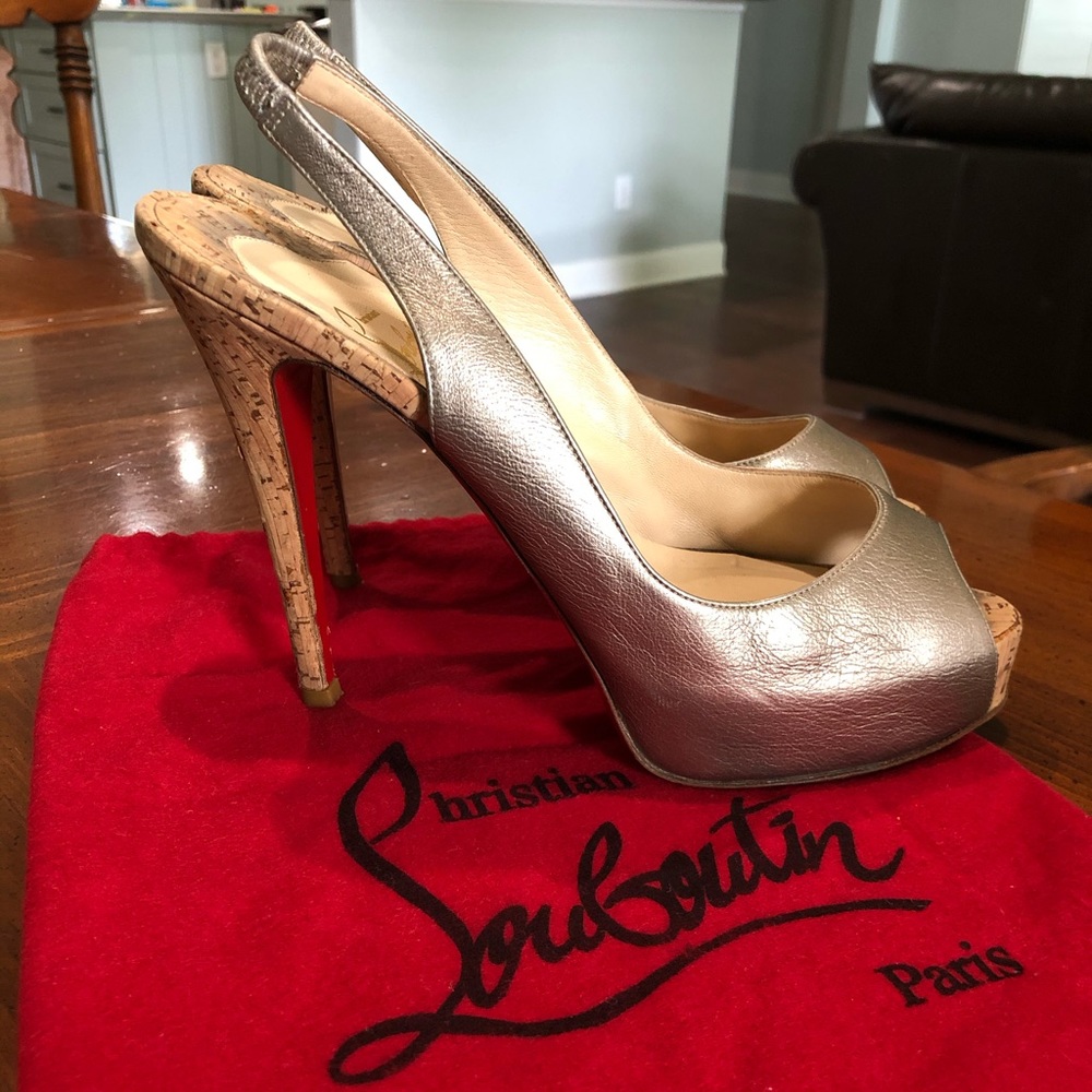 Christian Louboutin Gold Leather Peep Toe Cork